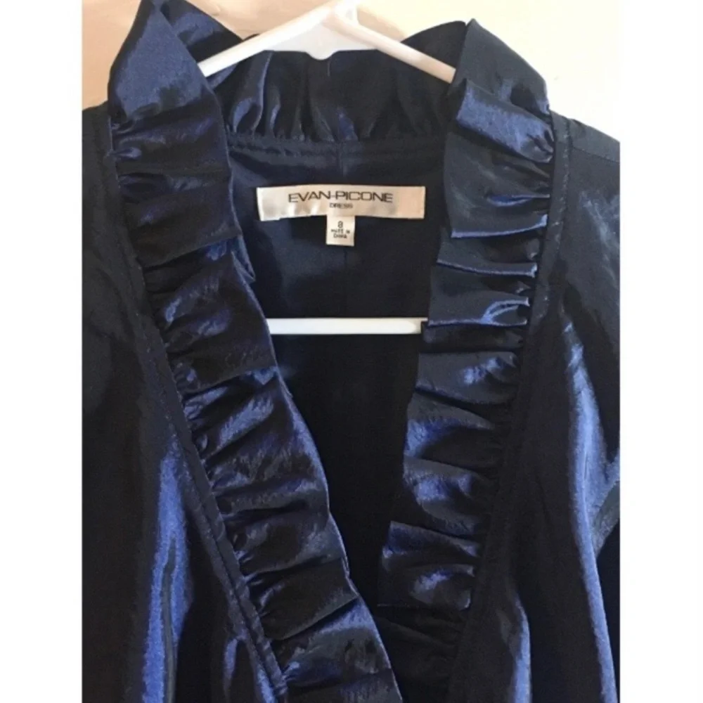 Evan-Picone Shimmering Sapphire Blue Ruffled Collar Wrap Dress - Picture 2 of 6